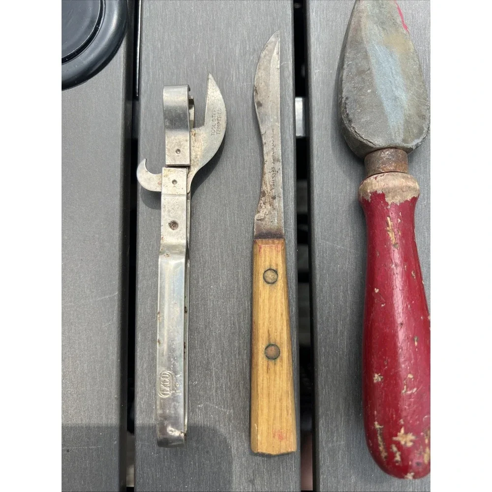 Lot Of 4 Vtg Antique Kitchen Gadgets Utensils Knifes Can Opener Sharpening Stone